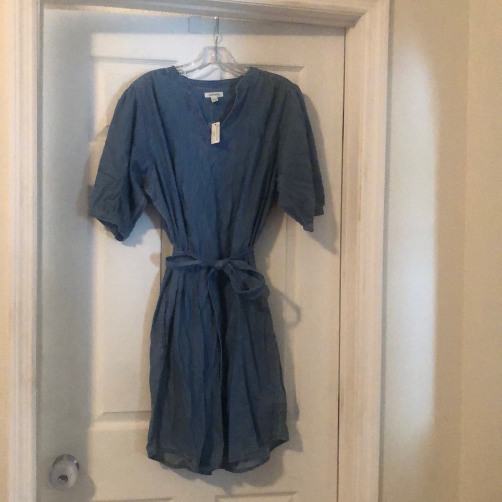 NWT Goodthreads Women's Denim Puff Sleeve V-Neck Tie Waist Dress